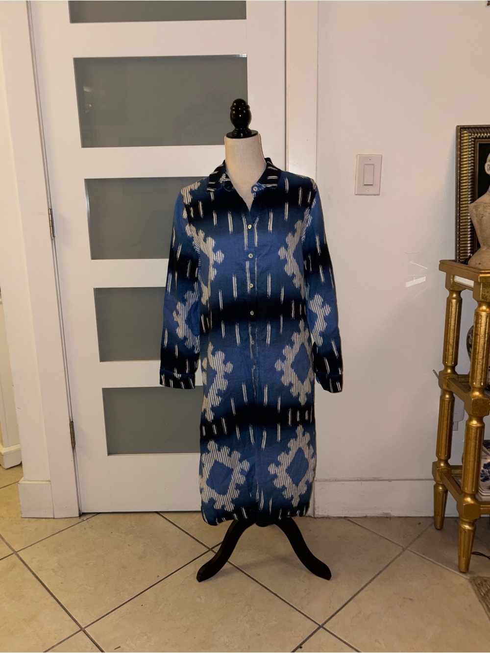 Chico's Indigo & Navy Ikat-Print Long-Sleeve Shirt Dress